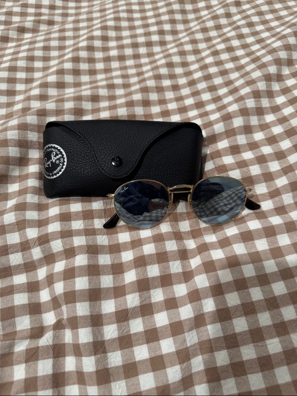 Ray-Ban Gold Frame Sunglasses with Dark Lenses and Black Case